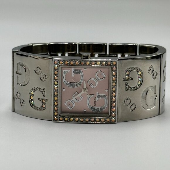 3/$30 Guess Watch Women Silver Tone Pink Dial Wide Bangle Band New Battery 6.5" - Picture 2 of 11